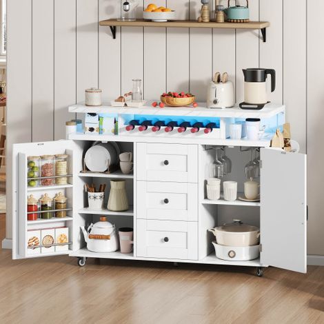 Îlot de cuisine mobile avec plan de travail rabattable, desserte de cuisine, 5 roulettes, porte-ustensiles de porte, porte-bouteilles et porte-verres.