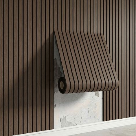 Papier Peint Adhésif Imitation Bois avec Rainures 3D, Revêtement Mural Autocollant à Motif Grille et Rayures, Rouleau Décoratif Effet Bouleau Élégant pour Intérieur