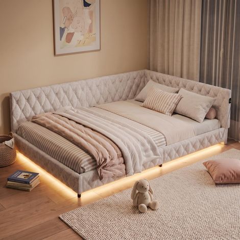 Lit adulte 140x200 cm avec sommier, lit double capitonné en tissu bouclette, lit d'angle avec tête de lit en L, Ports USB/Type-C et LED, Blanc (1/5)