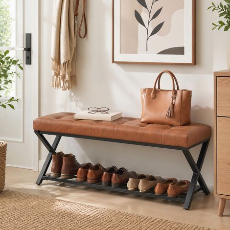 Banc à chaussures, banc d'entrée avec revêtement en similicuir, 112 x 37 x 47 cm, marron (1/5)