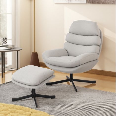 Fauteuil relax pivotant avec pouf en chenille, 78 x 93 x 100 cm, blanc crème DESVIAE (1/5)