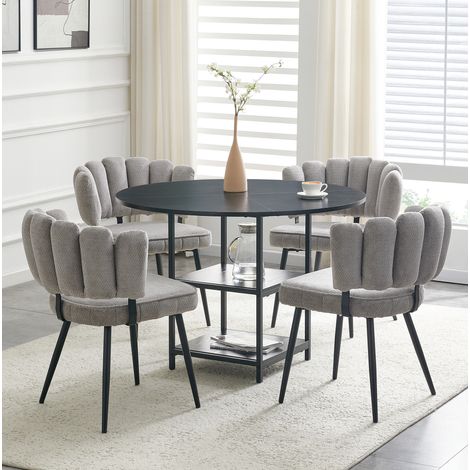 Set tavolo da pranzo rotondo con 4 sedie 107x107x75 cm, doppio ripiano, schienale a fiore, MDF metallo tessuto nero grigio (1/5)
