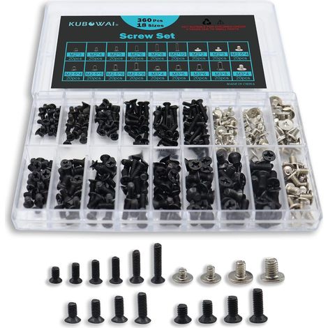 360 tornillos para portátil, tornillos pequeños negros para reparación de portátiles y discos duros, M2, M2.5, M3 (18 tamaños) (1/5)