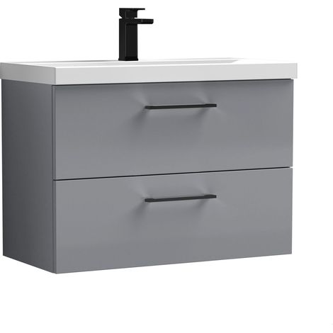 Balterley 800mm Wall Hung Bathroom 2 Drawer Vanity Unit and 1 Tap Hole Ceramic Basin, Satin Grey with Black Handles