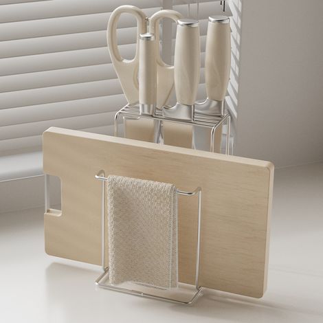 Étagère Murale en Acier Inoxydable 304 pour Couteaux de Cuisine et Planches à Découper, Support de Comptoir Épais avec Rangement pour Chiffons, Accessoire de Cuisine Robuste et Organisateur Multifonct