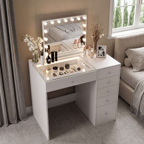 FENCHILIN Coiffeuse avec Miroir LED 6 Tiroirs Blanc 92 x 55 x 127 cm
