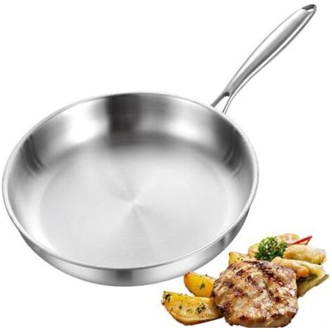Sartén de acero inoxidable (28 cm/11 pulgadas), de 3 capas, completamente no tóxica, 100 % libre de contaminantes, se calienta rápidamente, ahorra un 20 % de energía, resistente al calor hasta 400 °C. (1/5)
