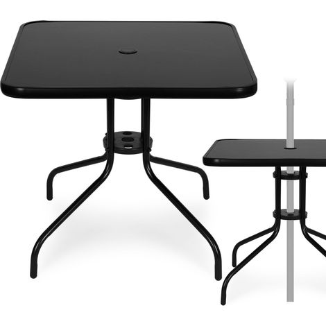 Tavolo da giardino quadrato, 80 cm, piano in vetro temperato, foro per ombrellone.