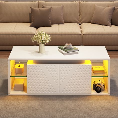 Weißer Couchtisch 100×50×41 cm, moderner Kaffeetisch mit LED‑Beleuchtung, Beistelltisch,Sofatisch,Wohnzimmertisch,halboffene Ablage & 2 Türen, Spanplatte, bis 30 kg Belastbarkeit für Wohnzimmer (1/5)