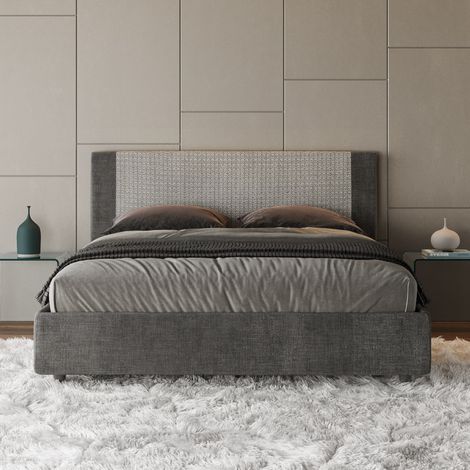 Letto Matrimoniale rivestito in Tessuto Labirinto - ROSAL - Colore: Grigio/Grigio - Tipologia Letto: Con Rete e Contenitore - Dimensione Rete: 160x190 (1/5)