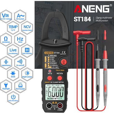 Pince multimètre numérique ANENG True RMS, testeur tension DC/AC, ampèremètre AC, ohmmètre, capacitance, NCV, continuité, diode, fréquence, température (1/4)