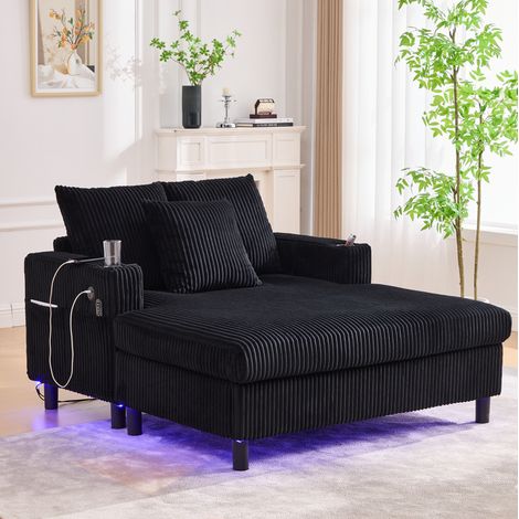 Fauteuil relax méridienne 142x128x85 cm noir avec LED, USB et porte-gobelet, velours côtelé MEUBLIV (1/5)