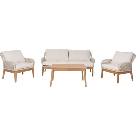 Salon de jardin avec table canapé fauteuil table corde maille bois acacia coussin crème 040008307