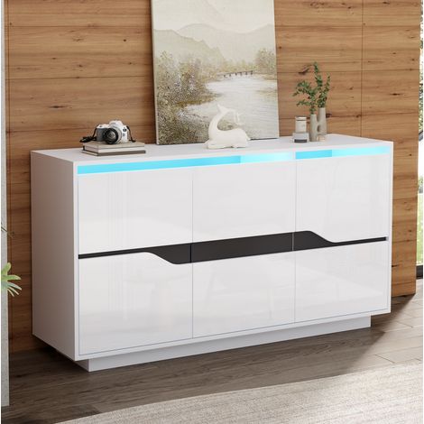 Aparador 140x40x70 cm blanco y negro en tablero de partículas con 3 puertas, estantes ajustables y LED (1/5)