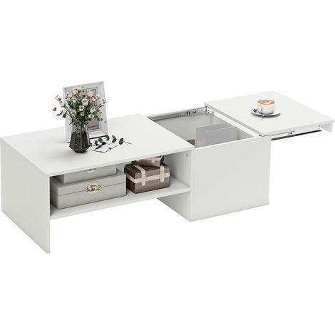 Table Basse Plateau Coulissant avec Rangement Caché et Étagère Ouverte, Panneaux de Particules et Glissières Métal pour Salon Blanc (1/5)