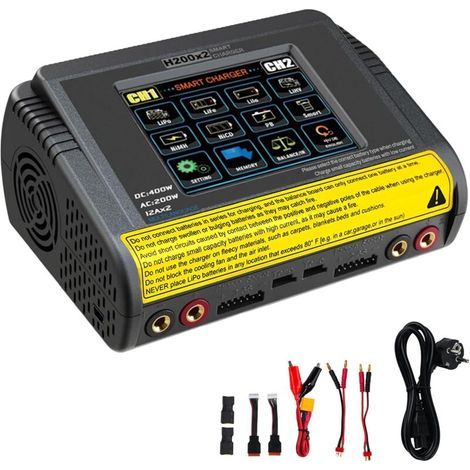 Chargeur lipo T400 AC200W/DC400W 12A, Chargeur Batterie lipo Double décharge 3,2 Pouces écran Tactile Couleur Chargeur lipo Balancer déchargeur pour LiPo/Lilon/Life/NiMH/NiCd/PB/NiMH (1/5)