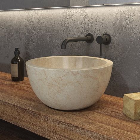 Lavabo bagno design a ciotola in marmo colore crema 40cm  Litos-LC40 kamalu