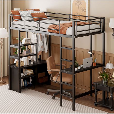 Cama alta 90x200 cm negra de metal y MDF con escritorio, estantes, enchufe USB y escalera (1/5)