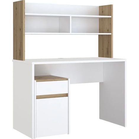 Bureau et surmeuble 110 cm blanc mat et décor bois de chêne - ODYSSÉE (1/5)