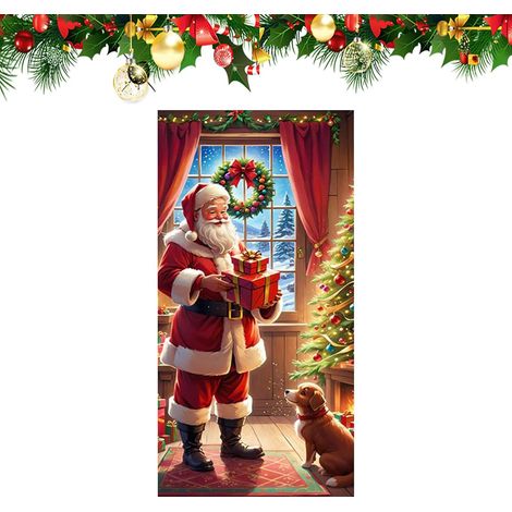 Christmas Door Cover, 35.4x70.8inch Santa Dog Design 2D Flat Front Door Backdrop, Holiday Decoration for Winter, Birthday, Kitchen, Porch, House, Glass, Apartment, Outside Home