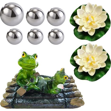 Ensemble de décoration pour bassin de jardin: jouet flottant avec deux grenouilles, des boules argentées et deux fleurs de lotus, (1/5)