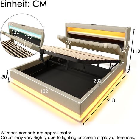 Lit double capitonné 180x200 cm, sommier hydraulique avec tête de lit à rangement, ports USB-C, éclairage LED intégré en tête et pied, tissu lin beige, coffre de rangement intégré, sans matelas. (1/5)