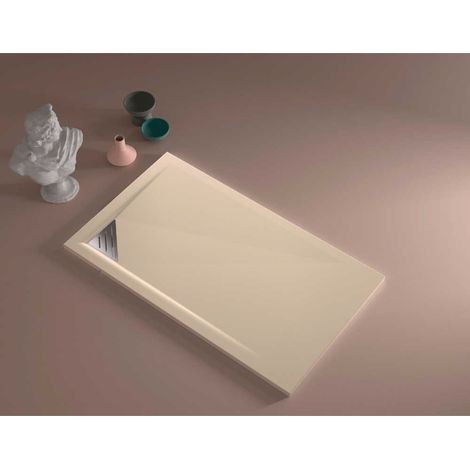 Receveur de douche 90x110 cm extra plat TRINITY beige en résine minérale grille à Gauche (1/4)