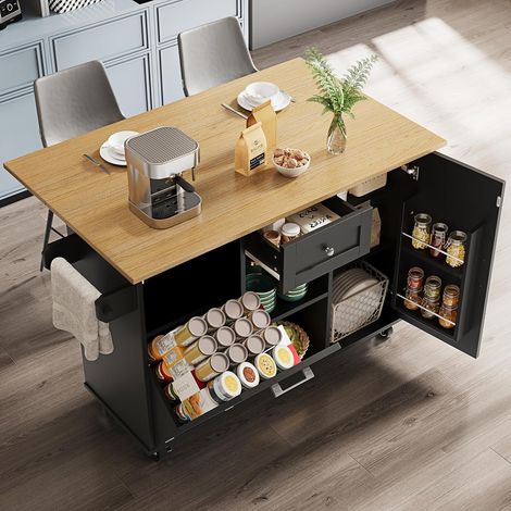 Îlot de Cuisine - avec Plan de Travail Extensible et Rangement pour Vaisselle, Roues Mobiles, Métal et MDF 134x75,4x89 cm, Noir (1/5)