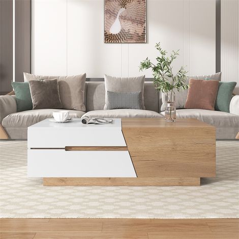 Table basse extensible 120x50x37.5cm, table basse rectangle avec tiroirs, structure color block, Naturel (1/5)