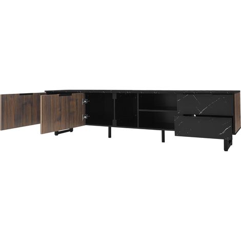 Meuble TV 200 cm effet marbre noir, portes à veinage bois foncé, éclairage LED réglable, deux portes et deux tiroirs, adapté aux robots aspirateurs