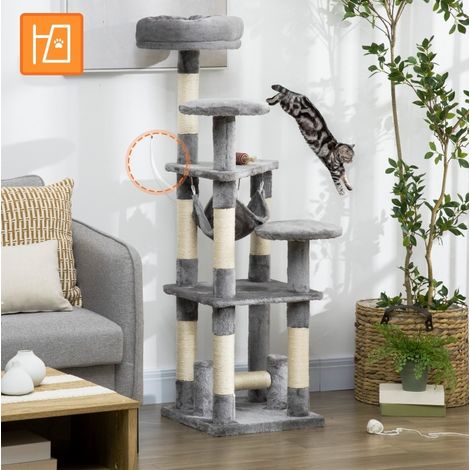 Tiragraffi in sisal e peluche grigio con 3 piattaforme per graffiare, riposare e arrampicarsi 40 x 40 x 132 cm (1/5)
