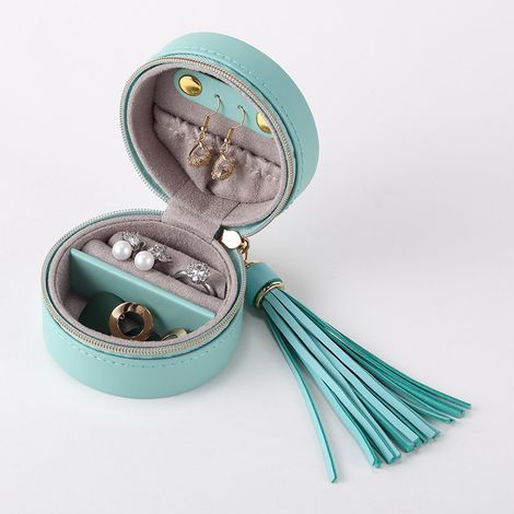 Boîte à bijoux de voyage ronde, boîte de rangement de bijoux de voyage portable, boîte de rangement de bijoux en cuir PU pour bagues, boucles d'oreilles, colliers(bleu) (1/5)