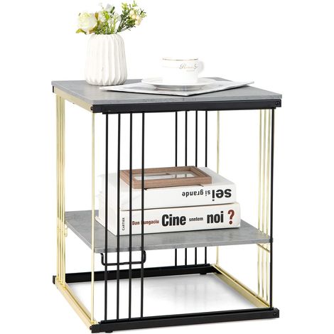 COSTWAY Mesa Lateral Cuadrada de 2 Niveles, Mesa Auxiliar, Mesita de Noche de Estructura Metálica con Estante Extraíble, Mesa de Café de Esquina para Sala de Estar, Dormitorio (1/5)