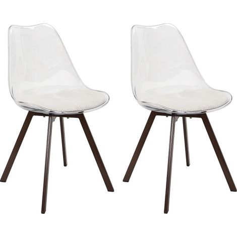 Lot de 2 Chaises Coque Transparente avec Coussin Velours Cotelé Blanc rembourré - Piètement métal effet Bois Foncé - Livraison gratuite