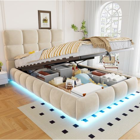 Cama canapé LED 90x200 cm infantil, cabecero acolchado, almacenamiento hidráulico, somier de láminas, terciopelo - beige (1/5)