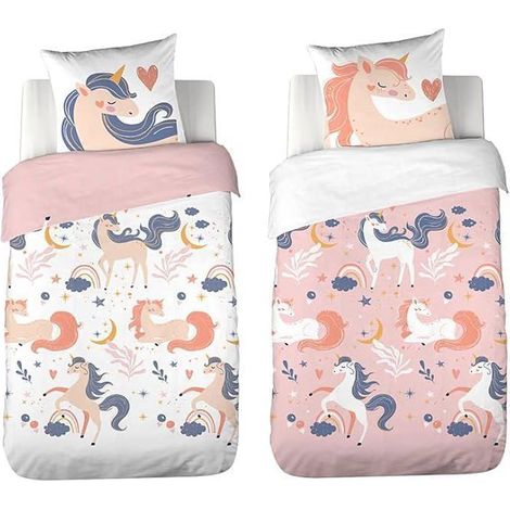 Parure de lit - CÔTÉ DÉCO - Licorne Rose - Housse de Couette 140x200 cm - Taie d'Oreiller 63x63 cm - Microfibre