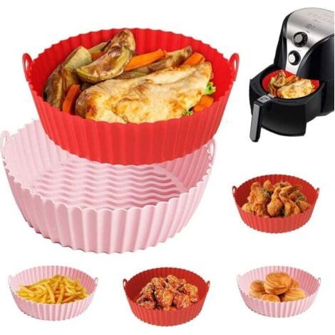 2 Grandes Air Fryer Acessoires, Panier Friteuse 21 cm/8,5 Pouces, Friteuse à Air en Silicone Réutilisable pour Accessoires de four à Friteuse à Air de 5 à 8 Qt (Rose + Rouge) (1/4)