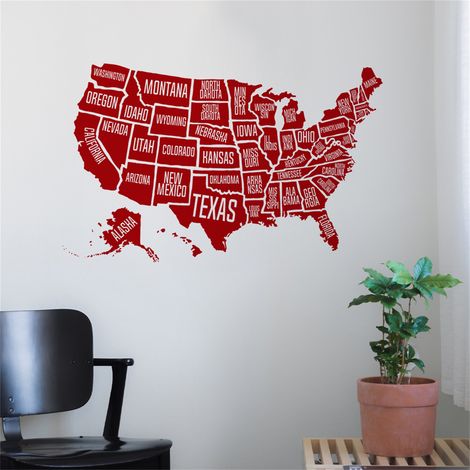 Vinilo decorativo de pared con mapa de EE. UU. – Papel autoadhesivo de alta calidad, 40 x 30 cm, rojo.