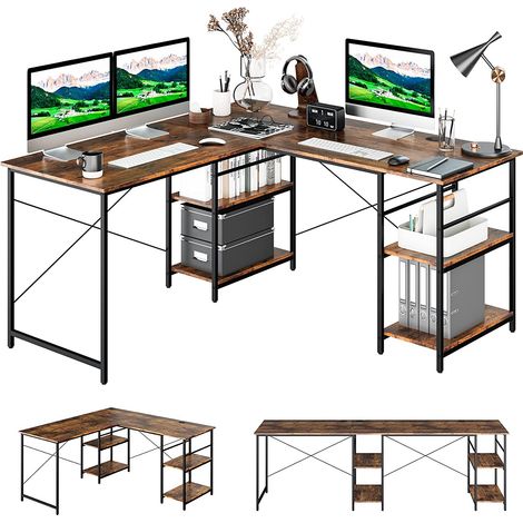 COSTWAY Escritorio de Ordenador en Forma de L, 3 Orificios para Cables, 4 Estantes, 2 Formas, Mesa de Trabajo de 2 Personas,Mesa Escritorio Esquina Gaming, 242x60x75cm (café,Estante)
