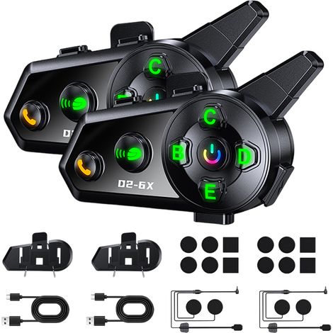 2 intercoms pour casque de moto, IPX6, portée 1200 m, jusqu'à 6 utilisateurs, double puce, batterie 1000 mAh (1/5)