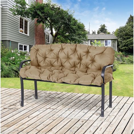 Coussin de banc 3 places 150 x 98 x 8 cm avec dossier et 6 liens de fixation, kaki OKMYHOME (1/5)