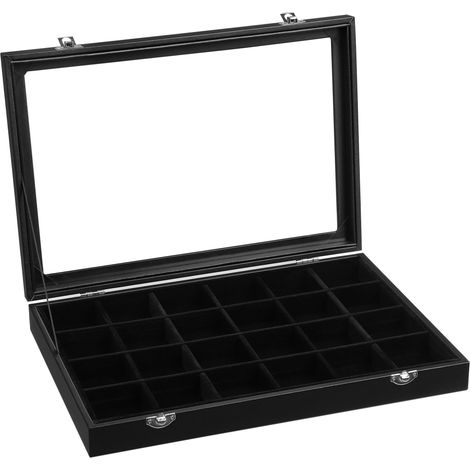 Coffret à bijoux à 24 compartiments, intérieur velours, couvercle en verre avec fermoir, idée cadeau, noir JDS303, verre, 35 x 24 x 4,3 cm (1/4)