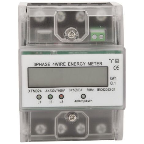 Compteur d'energie triphase a 4 fils 220/380V 5-80A Consommation d'energie kWh Compteur Installation sur rail DIN Compteur electrique numerique avec ecran LCD retro-eclaire, modele: Transparent (1/3)