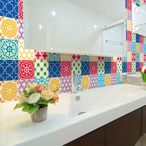 Sticker Mural Carrelage adhésif Cuisine Salle de Bain - 24 STICKERS CARREAUX DE CIMENT AZULEJOS CYPRIA - 24stickers10x10cm (1/5)