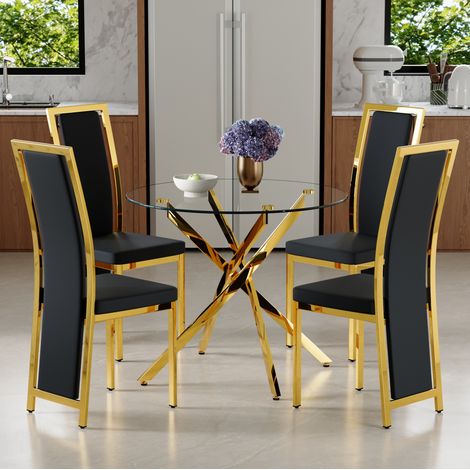 Esstisch aus gehärtetem Glas in Schwarz/Gold, 4-Sitzer-Set mit minimalistischen PU-Stühlen (1/5)