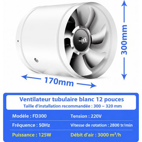 Extracteur d'air tubulaire cylindrique 300 mm 12 pouces blanc moteur cuivre 12 blanc 300mm réf 17 × 30 × 30 cm 3,3 kg – Livraison gratuite