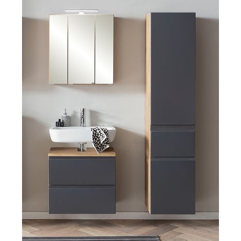 Badezimmer Set mit Aufsatzleuchte, stehend oder hängend, Wotan Eiche Nb. mit matt grau, VASTO-03-GREY, B/H/T ca. 115/200/35 cm (1/5)