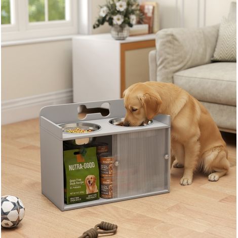 Station d'alimentation surélevée pour chien avec rangement, 2 gamelles inox, grise HAVRYA (1/4)