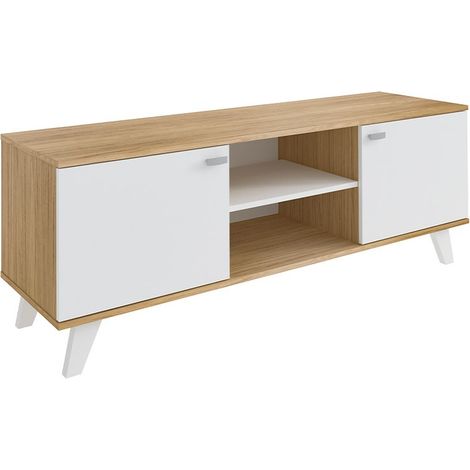 MOMMA HOME Mueble TV Salón, Mesa televisión 2 Puertas, Acabado en Roble y Blanco, Patas de Madera, QUIATUR, 140 x 51 x 40 cm (1/5)