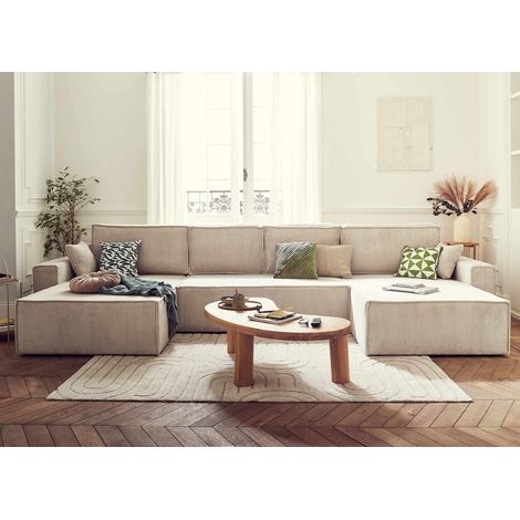 Bestmobilier – Canapé panoramique en U 7 places convertible avec coffre – Velours côtelé 100% polyester – Dimensions L390 x H85 x P185 cm